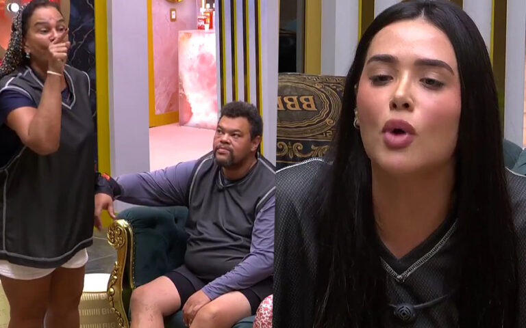 Solange Couto e Babu Santana discutindo com Jordana na sala do BBB 26.