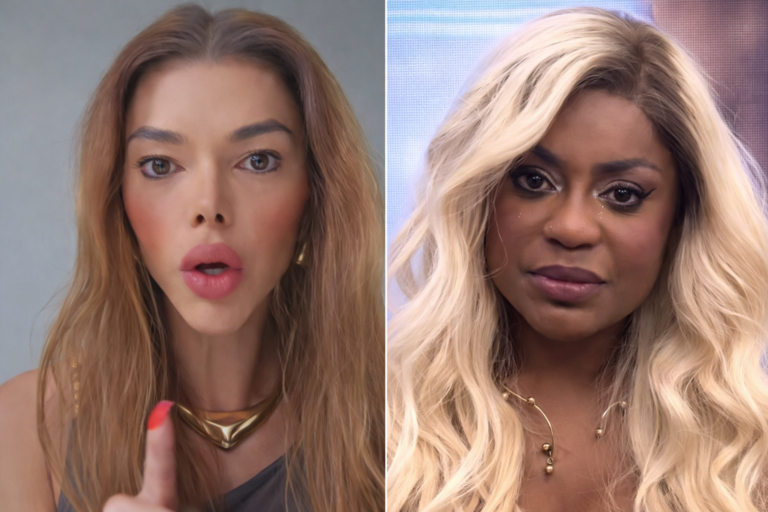 Léo Áquilla em um momento de protesto no palco do Superpop, com Cariúcha ao fundo, em um clima de tensão e polêmica.