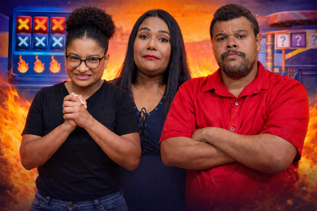 Participantes do BBB 26 em clima de tensão durante formação do paredão, com elementos visuais de votação e prova bate-volta.