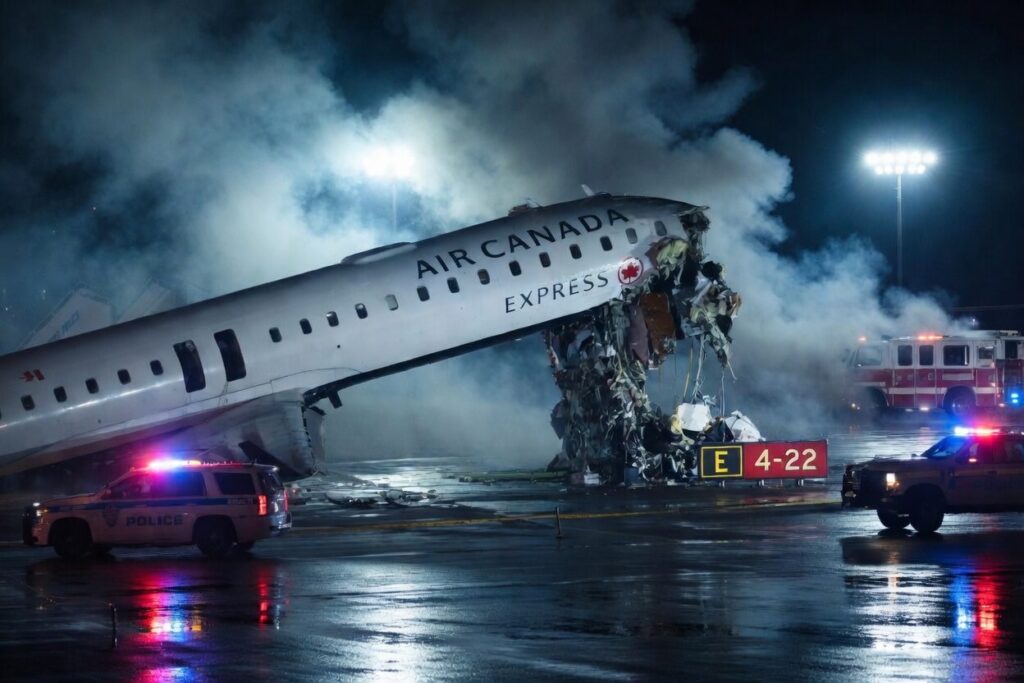 Avião da Air Canada na pista do LaGuardia cercado por investigadores após acidente.