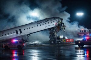 Avião da Air Canada na pista do LaGuardia cercado por investigadores após acidente.