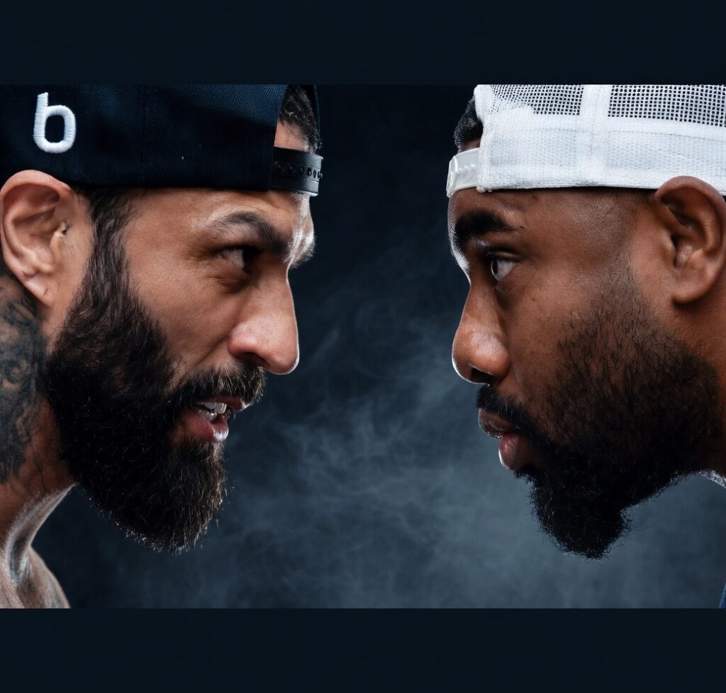 Kleber Bambam e Davi Brito em encarada tensa durante coletiva de imprensa de Bambam x Davi Essas faixas escuras indicam que a imagem ainda não está em 16:9 puro. 👉 Para o Google Discover, o ideal é: sem nenhuma borda ocupando 100% da imagem