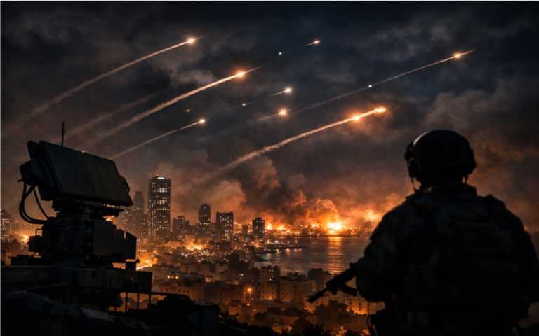 Explosões noturnas no horizonte, mísseis cruzando o céu e fumaça em áreas urbanas, ilustrando o ataque do Irã a Israel e os bombardeios no Líbano.