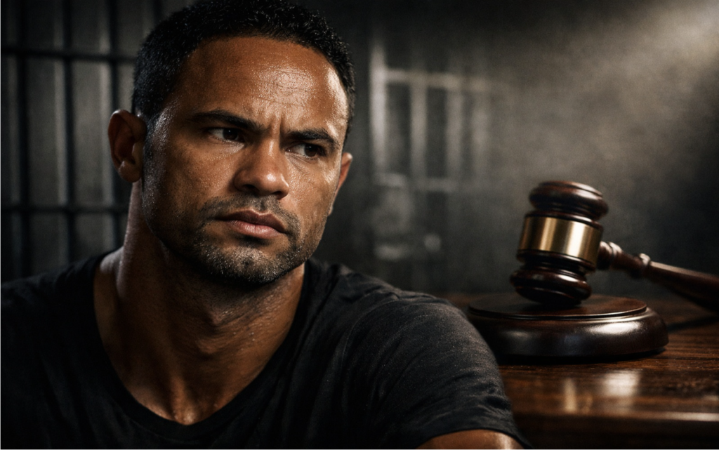 Imagem dramática do goleiro Bruno em tons de cinza, com grades de prisão sobrepostas e o martelo da justiça ao fundo, simbolizando a nova ordem de prisão.