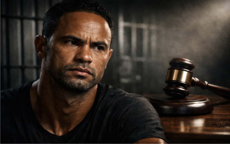 Imagem dramática do goleiro Bruno em tons de cinza, com grades de prisão sobrepostas e o martelo da justiça ao fundo, simbolizando a nova ordem de prisão.