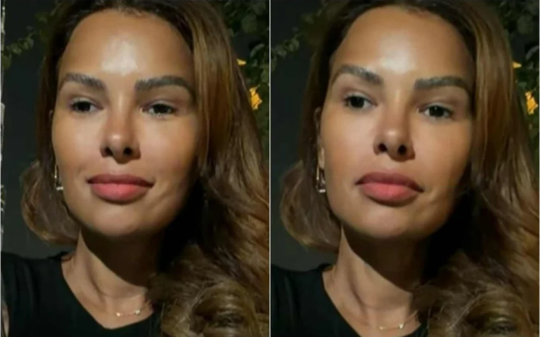 Foto de Ariadna Arantes com expressão de preocupação, em uma montagem que remete à sua situação de confinamento em Dubai.