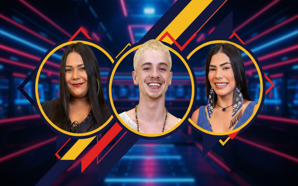 PAREDÃO FORMADO: Marciele, Juliano e Chaiany estão na berlinda; veja como foi a votação! Imagem de destaque do 13º Paredão do BBB26 com Marciele, Juliano Floss e Chaiany em círculos coloridos no estilo Rádio Corredor.
