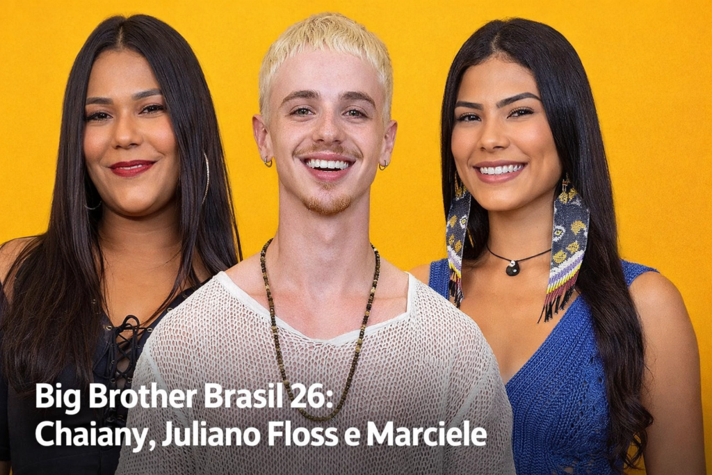 Enquete BBB 26: Votação do 13º Paredão Indica Quem Sai e Como Está a Parcial Fotos de Chaiany, Juliano Floss e Marciele, emparedados no 13º Paredão do BBB 26.