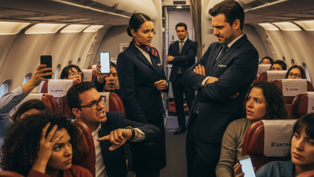 Prefeito Indisciplinado Causa Atraso de Quase Cinco Horas em Voo da Latam. Tripulação de voo atendendo passageiros em cabine de avião.