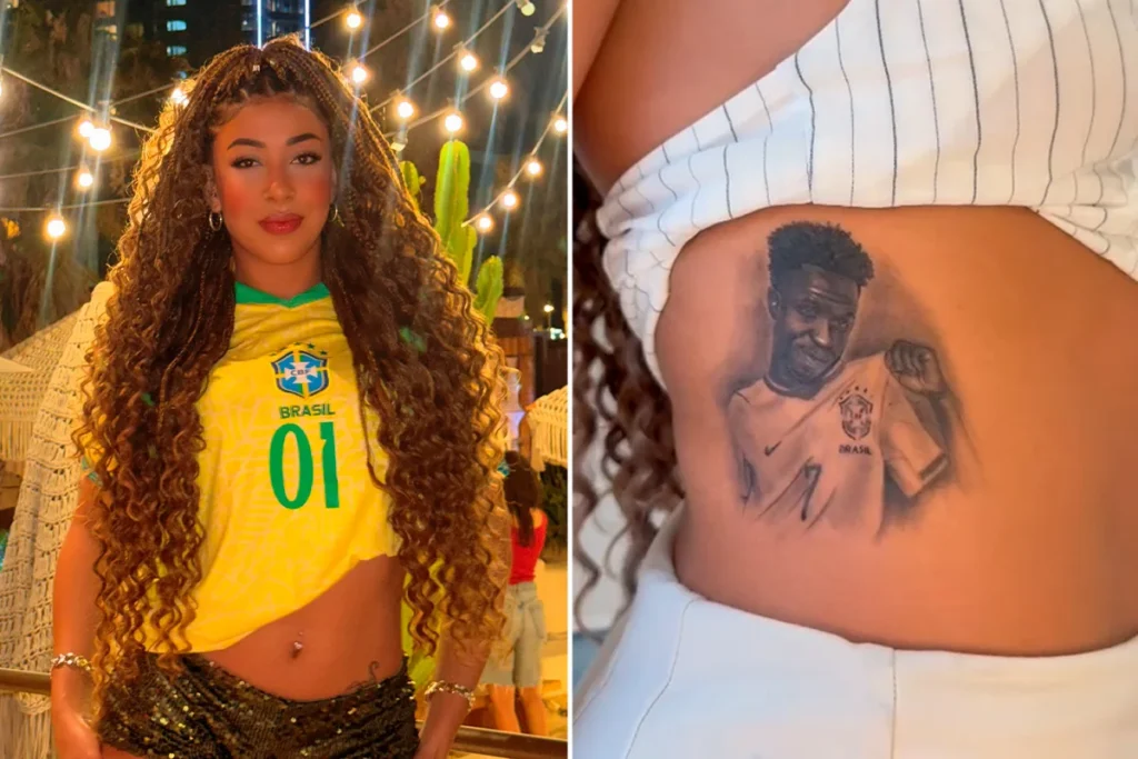 Modelo que tatuou rosto de Vini Jr. relata ataques de fãs de Virgínia e diz estar arrependida
