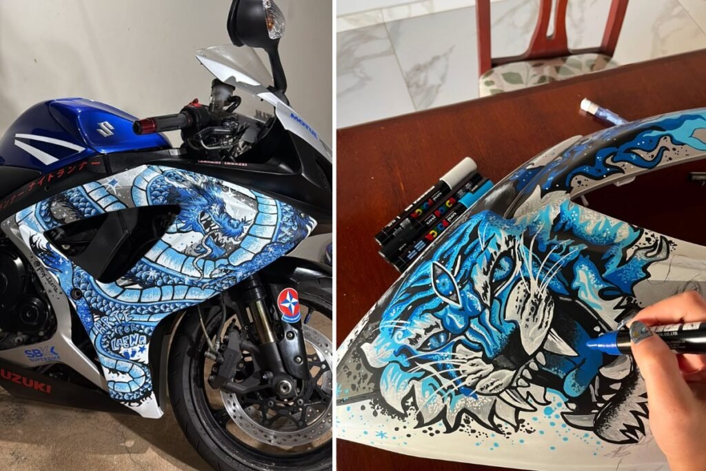 Artista do interior de SP transforma supermoto em obra de arte usando apenas canetinhas