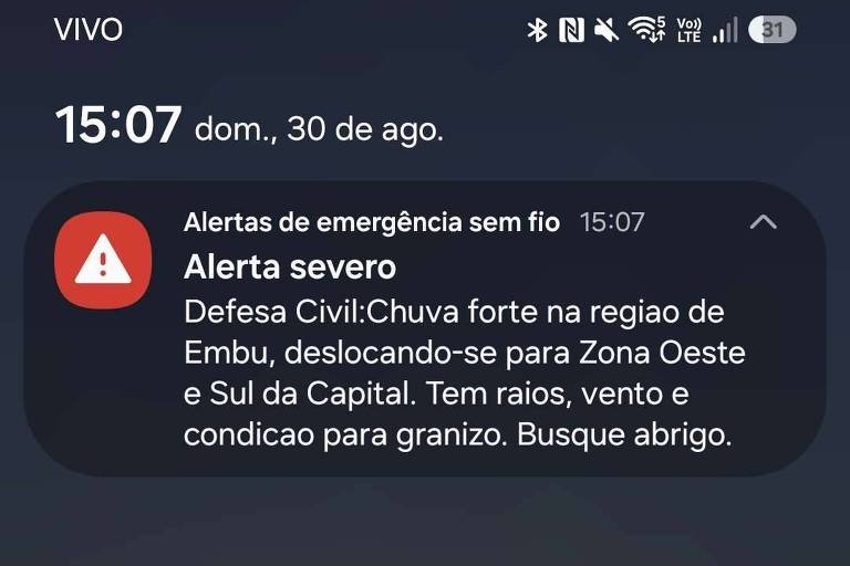 Defesa Civil alerta para tempestade com raios, ventos acima de 50 km/h e granizo na Grande São Paulo - Imagem do artigo original