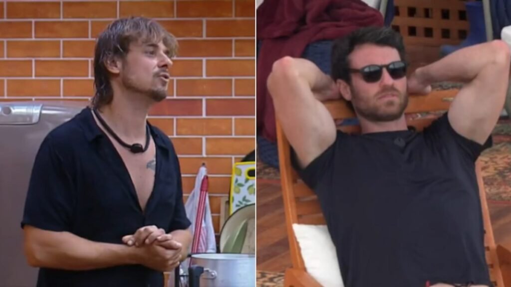 Daniel Erthal e Lucas Bissoli em cena de A Fazenda 18 após trégua entre os dois
